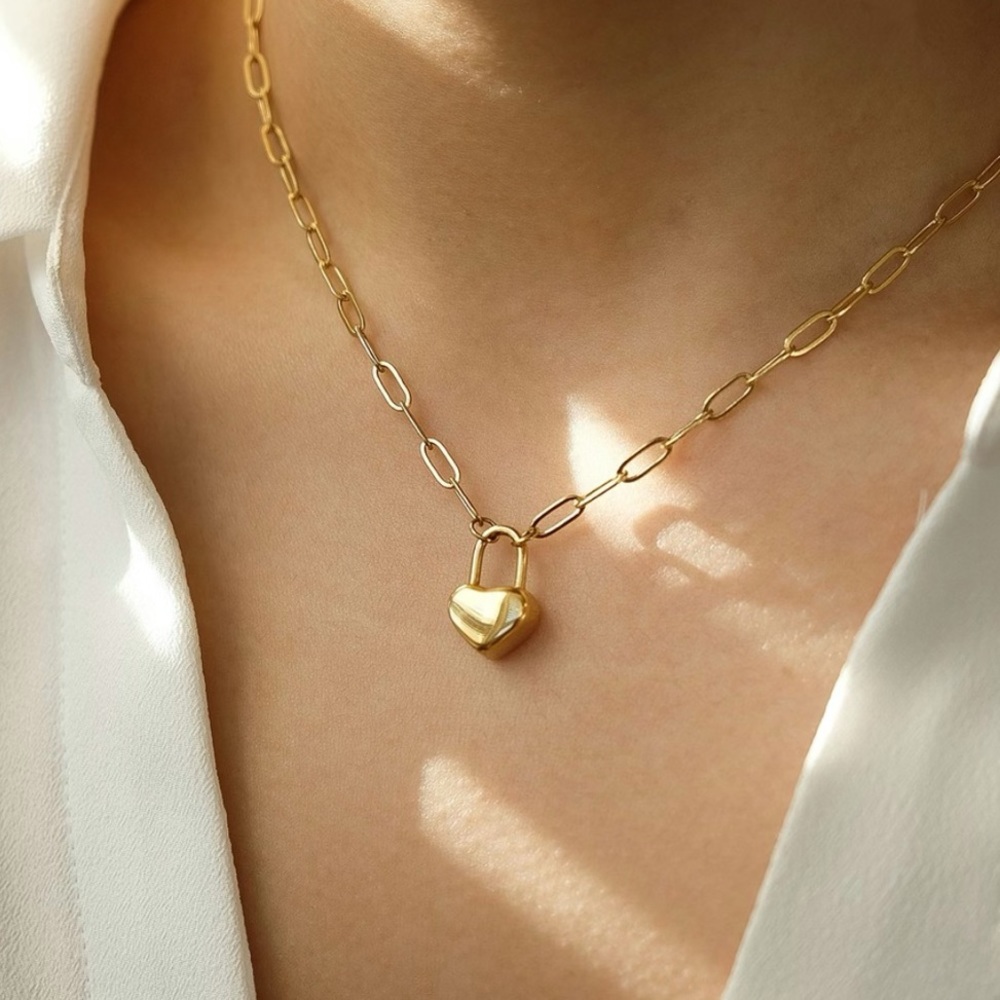 Heart Lock Link Chain Necklace | Gold Plated Stainless Steel